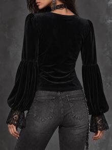 LUMIGAL Women's Black Velvet Contrast Lace Trim Blouse - Black - View 2