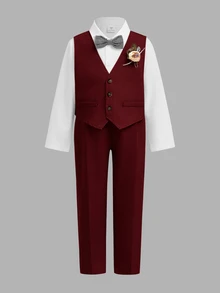 SHEIN 小男孩三件套西裝：卡其色背心、鬆緊腰長褲、領結與長袖襯衫，紳士風，適合春夏/秋冬 - 酒紅色 - 查看 2
