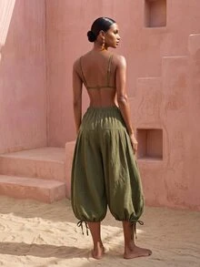 Zivah Women's Beach Vacation Cover-Up Drawstring Ruched 3/4 Lantern Pants For Beach Party - Army Green - View 2