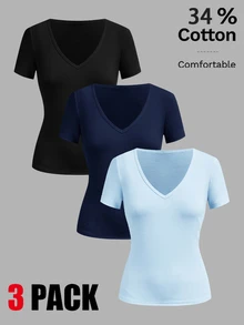 SHEIN EZwear 女款純色V領短袖休閒百搭T恤（3件組） - 彩色 - 查看 2