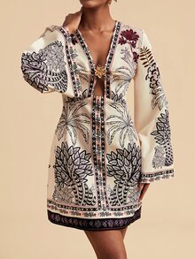 Travachic Women's Vacation Palm Tree Pattern Metal 3D Flower Decor Bell Sleeve Fashion Mini Dress - Multicolor - View 1