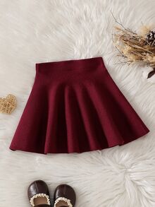 Young Girl Solid Color Elastic Waist Casual Knit Skirt - Burgundy - View 2