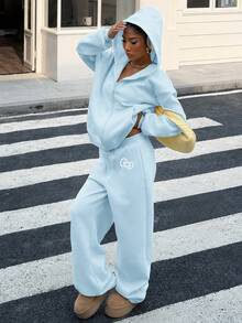HELLO KITTY AND FRIENDS | SHEIN SHEIN EZwear 女款純色拉鍊連帽外套與長褲休閒日常套裝 - 彩色 - 查看 3