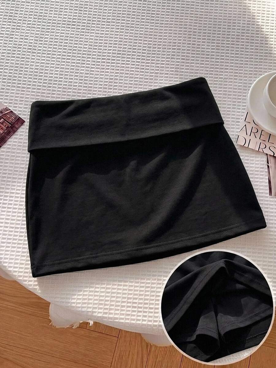 SHEIN 少女黑色腰部摺疊裙附內建內搭褲 - 黑色 - 查看 1