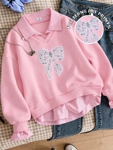 SHEIN Sparklyn 青少年女孩可愛休閒秋冬拼接 2 合 1 蝴蝶結圖案熱轉印刷毛衛衣 - 粉色 - 查看 1