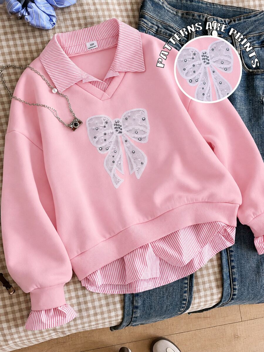 SHEIN Sparklyn 青少年女孩可愛休閒秋冬拼接 2 合 1 蝴蝶結圖案熱轉印刷毛衛衣 - 粉色 - 查看 1