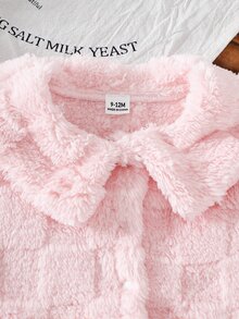 SHEIN 女嬰粉色休閒加厚抓絨格紋提花連身褲套裝，秋冬款 - 黑色 - 查看 5