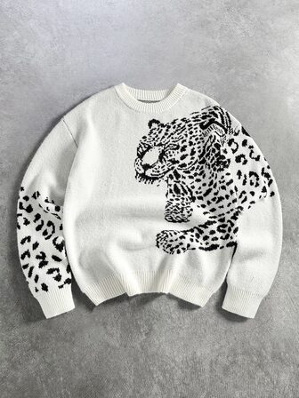 Street Life Men Leopard Graphic Contrast Crew Neck Knit Sweater, Drop Shoulder Y2K Streetwear Pullover