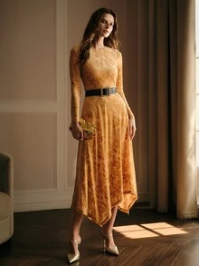 MOTF PREMIUM WOMEN'S ELEGANT VELVET ROSE JACQUARD ASYMMETRICAL HEM MIDI DRESS - Gold - View 4
