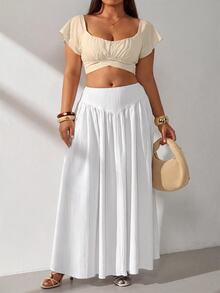 GalTyme Plus Size Minimalist Pleated Loose Long Skirt For Beach Vacation Fall - White - View 6