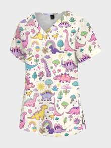 PopScrub Top de blouse infirmière pour femme, style graffiti peint à la main, imprimé coloré dinosaure nœud-en-ciel et plante, couleur abricot clair, mode automne/été, col en V, manches courtes, double poche, fente latérale, vêtement de travail, Top de blouse chirurgical mignon pour femme, Top d'uniforme de blouse - Multicolore - Voir 4