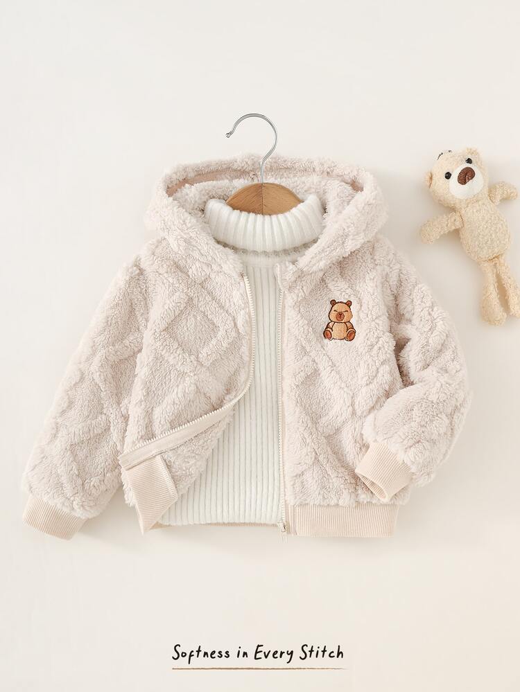 Cozy Pixies Kids Baby Boy Knitted Solid Color Faux Fur Cartoon Embroidered Pattern Hooded Long Sleeve Winter Jacket - Apricot - View 6