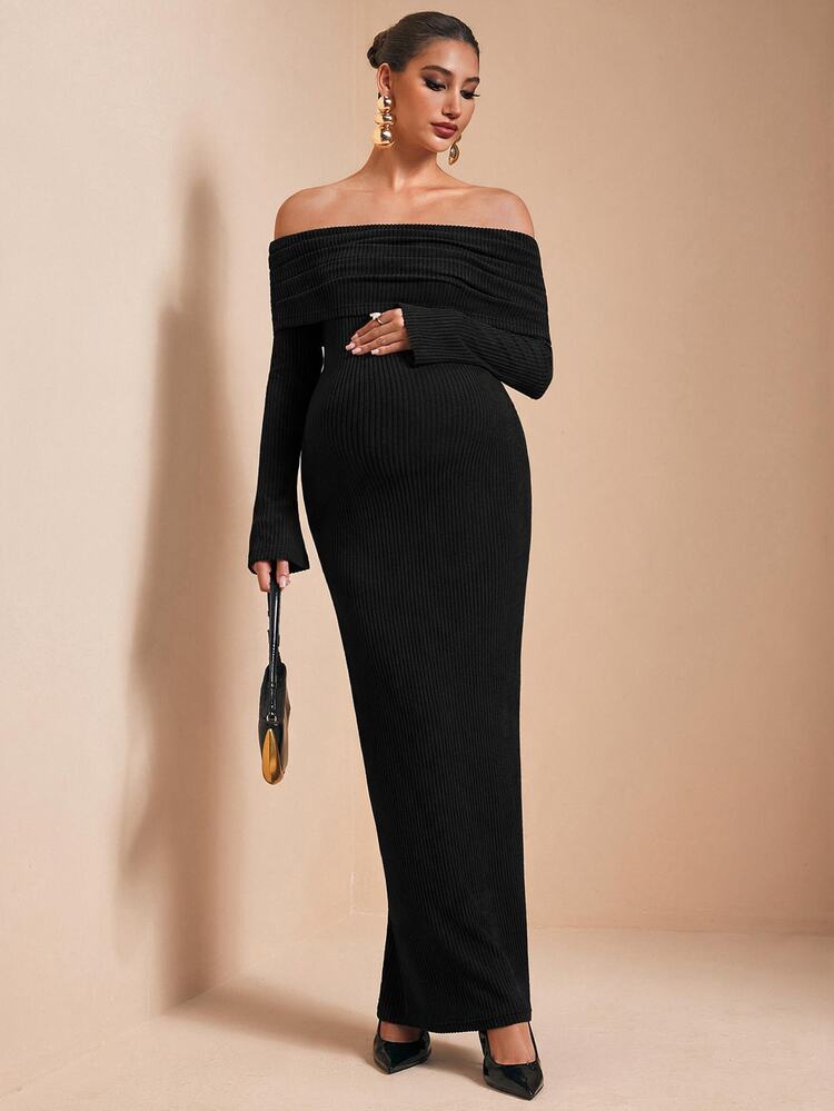 MaterniChic Elegant Maternity Off-Shoulder Long Sleeve Dress - Black - View 5