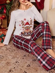 SHEIN طقم بيجامة نسائي بطبعة الرنة لعيد الميلاد مع ملابس علوية بأكمام طويلة وبنطال مربعات - متعدد الألوان - مشاهدة 1