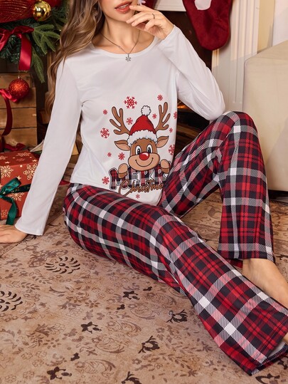 SHEIN Women's Christmas Reindeer Print Long Sleeve Top And Plaid Pants Pajama Set