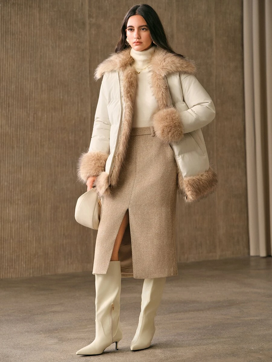 Anewsta Women's Long Sleeve Zipper Front Patchwork Fur Collar Thickened Winter Jacket - Beige - View 1