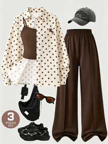 SHEIN Casuvi Kids 秋冬女童3件套襯衫套裝，米色底棕色波點與小馬印花領口長袖襯衫，棕色細肩帶背心，棕色垂墜寬腿褲，女童休閒美拉德風穿搭 - 彩色 - 查看 1