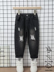 SHEIN 男童百搭休閒破洞磨損修身牛仔褲 - 黑色 - 查看 1
