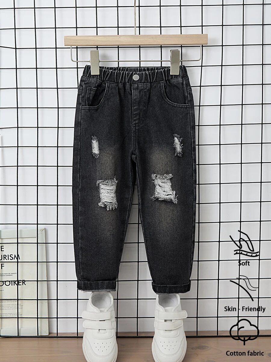 SHEIN 男童百搭休閒破洞磨損修身牛仔褲 - 黑色 - 查看 1