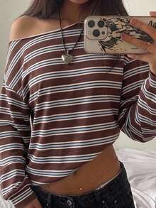 SHEIN EZwear 女款不對稱肩棕藍條紋運動衫，休閒極簡日常百搭，約會與外出穿搭，女款秋季服飾，秋季穿搭，女款通勤穿搭，百搭上衣，外出穿搭，機場穿搭 - 彩色 - 查看 1