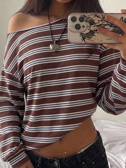 SHEIN EZwear Kadın Asimetrik Omuz Kahverengi ve Mavi Çizgili Sweatshirt, Günlük Minimalist Çok Yönlü Her Şeye Uyum Sağlayan, Randevu ve Dışarı Çıkma Kombini, Kadın Sonbahar Kıyafeti, Sonbahar Kombini, Kadın İşe Gidiş Kombini, Her Şeye Uyum Sağlayan Üst, Dışarı Çıkma Kombini, Havaalanı Kombini