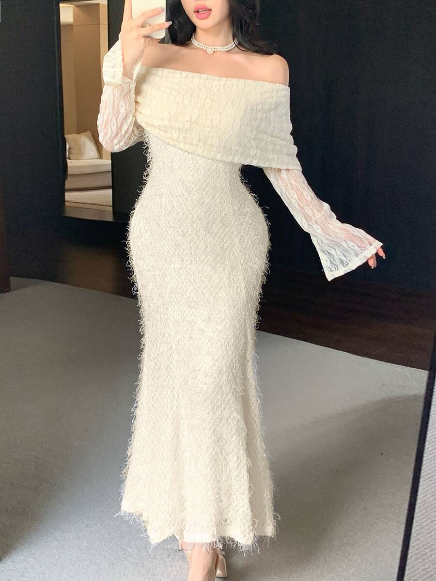 Feyla New French Design Lace Patchwork Square Neck 2-In-1 Effect Bodycon Mermaid Tail Elegant Evening Dress