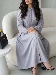 Al Najma Women's Round Neck Long Sleeve Zipper Placket Waist Faux Pearl Decor Arabian Dress - Purple - View 9