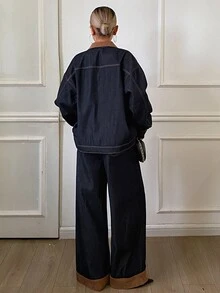 DAZY Women's Loose Jacket And Long Pants Casual Denim Set - Dark Wash - View 4
