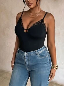Firerie Plus Size Women's Lace Patchwork Sexy Versatile Camisole Camisole - Black - View 6