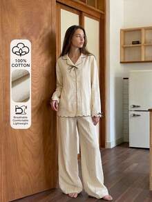 Livesso Women's Color Block Bow Decor Long Sleeve Top And Pants Casual Daily Pajama Set - Beige - View 5