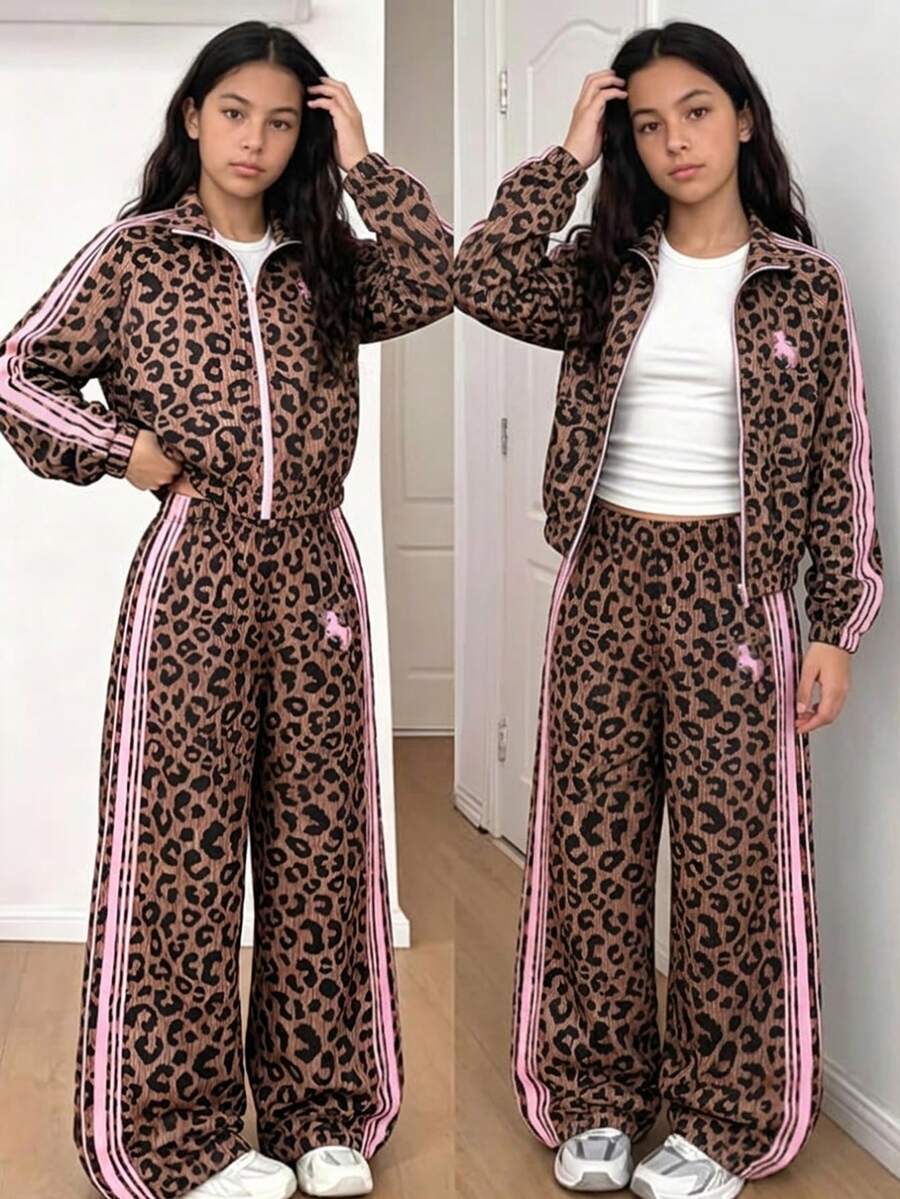 SHEIN 2件組時尚休閒女款/青少年新款黑色針織拼接白色滾邊拉鍊立領外套,搭配黑色寬鬆白色滾邊小字母裝飾長褲,適合春秋冬季,戶外、旅行、街頭風、日常休閒、居家、校園、日常穿著 - 棕色 - 查看 1