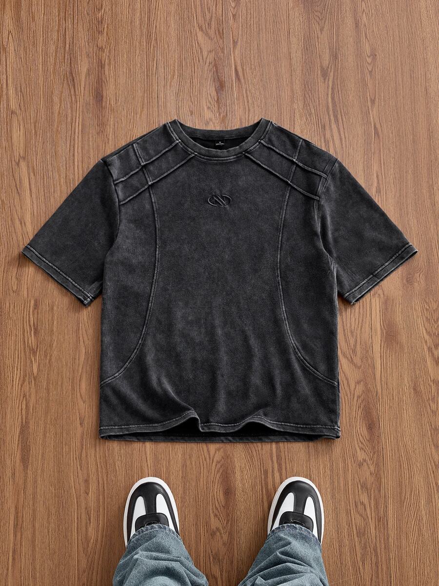 SWAVVY Men's Knitted Fashion Daily Youth Casual Patchwork Printed Pattern Loose Short Sleeve T-Shirt - Black - View 1