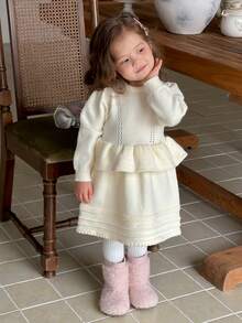DAZY Infant/Toddler (Girls) Round Neck Ruffle Trim Solid Color Long Sleeve Sweater Dress, Autumn/Winter - Apricot - View 1
