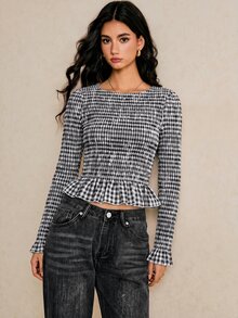 Poéselle 女款秋冬新款棉混紡黑白格紋抓皺彈性襯衫，休閒復古優雅街頭風，適合辦公室日常約會通勤上衣 - 黑色 - 查看 8