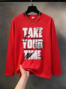 Kids Tween Boys Casual Letter Print Red Long-Sleeve T-Shirt Suitable For The Fall Back-To-School Season Christmas Birthday Party, Taking Photos - Red - View 4