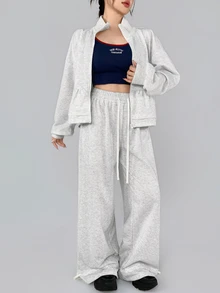 DAZY Women's Solid Color Zip-Up Long Sleeve Sweatshirt And Wide Leg Pants Sports Set - Light Grey - View 6