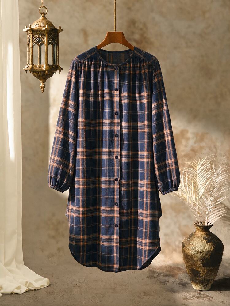 EMERY ROSE Women's Plaid Round Neck Long Sleeve Single-Breasted Casual Dress - Navy Blue - View 4