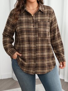 Ceyna 大尺碼女款春夏秋冬法式時髦奢華優雅休閒度假波希米亞極簡高端設計老錢風舒適可追溯棉格紋刷毛布襯衫領前開鈕扣口袋長袖寬鬆上衣 - 棕色 - 查看 5