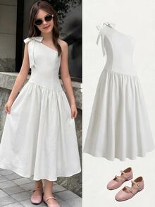 SHEIN Vestidos para niñas preadolescentes, rosa empolvado, elegante de verano, rosa casual de moda, versátil para uso diario, adecuado para ceremonias, fiestas, lazo de doble cara para niños - Blanco - Ver 1