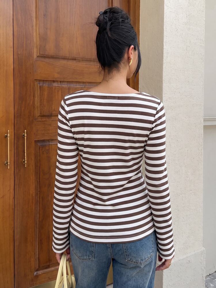Siren Gaze Women's Striped Crew Neck Long Sleeve Single-Breasted Casual T-Shirt - Coffee Brown - View 2