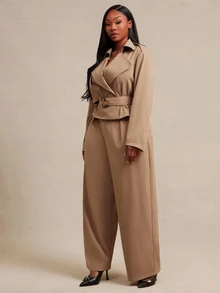 SHEIN SXY Plus Size Women's Solid Color Long Sleeve Jacket And Wide Leg Pants Casual Suit 2 Pieces Set - Khaki - View 3