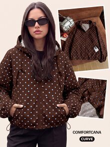 Solflare Polka Dot Print Hooded Casual Plus Size Jacket Autumn Fall - Mocha Brown - View 4