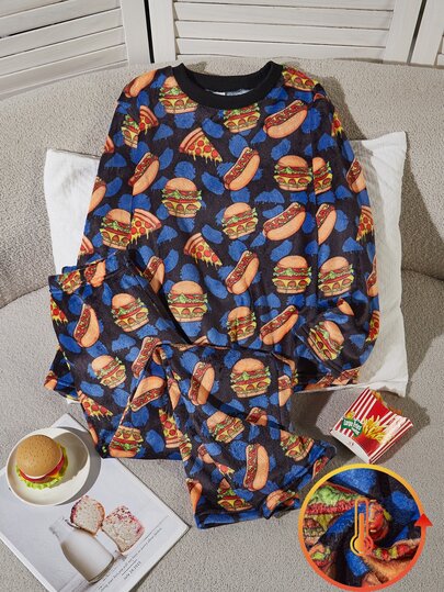 Boys Black Minimalist Fashion Cute Hamburger & Pizza Element Fleece Long Sleeve & Long Pants 2 Pieces Pajama Set, Suitable For Autumn/Winter, Home Leisure, Holiday Party And Family Matching