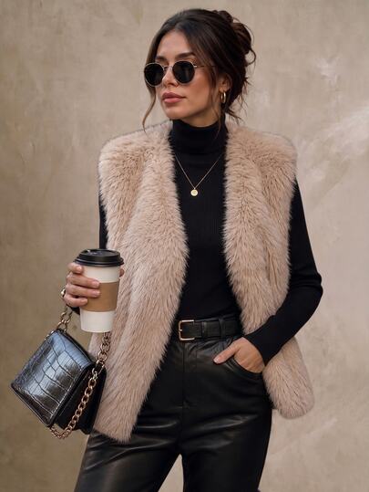 Balvessa Fuzzy Short Vest Plush Jacket Thickened Women's Elegant Retro Fashion Vest For Outing And Commuting