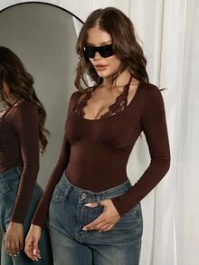 SHEIN ICON 女款蕾絲拼接休閒日常長袖T恤 - 棕色 - 查看 3
