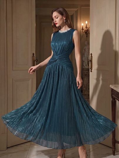 Suri Mira Round Neck Beaded Trim Sleeveless Cap Shoulder Cinched Waist Ruched Twist A-Line Ruched Elegant Vacation Cocktail Party Dress Bling Bling Women's Dress