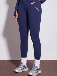 Zivah Women's Solid Color Zip-Up Long Sleeve Top And Leggings Casual Daily Sports Set - Blue - View 5
