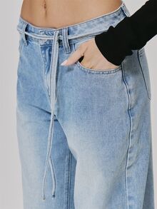 MUSERA Blue Denim Tie Waist Mid Rise Straight Leg Jeans Fall Autumn Winter Coolgirl Style Casual - Light Wash - View 5