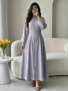 Al Najma Women's Round Neck Long Sleeve Zipper Placket Waist Faux Pearl Decor Arabian Dress - Purple - View 8