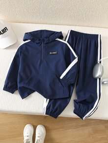 SHEIN Baby Boy Autumn/Winter Navy Blue Pullover Sweatshirt And Elastic Waist Long Pants With Webbing Trim 2 Pieces Set, Christmas Gift For Kids - Royal Blue - View 5